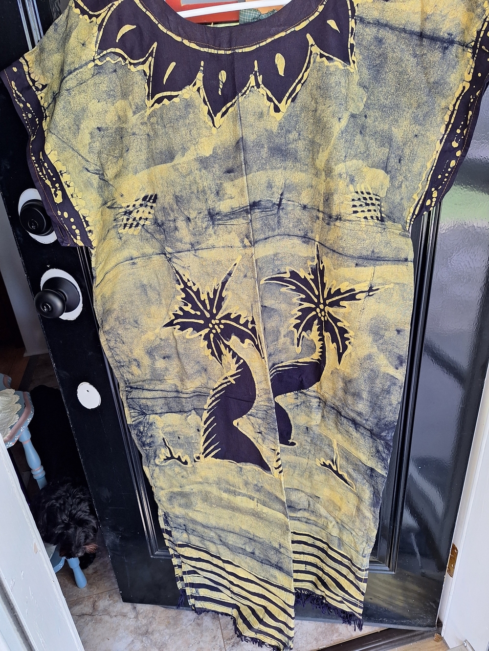 Yellow and Black Tie-Dye Palm Tree Caftan Dress